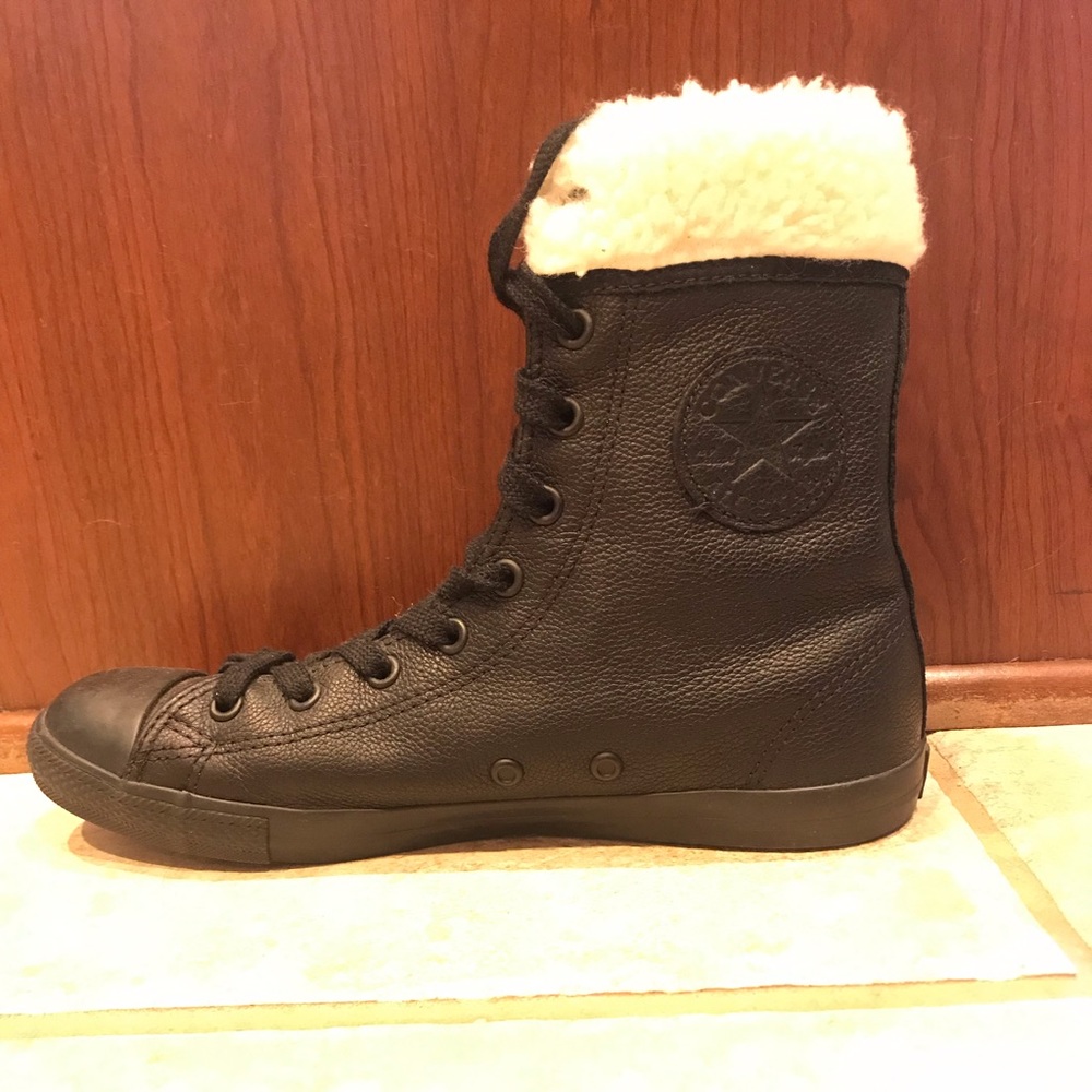 Black Leather- Faux Fur High Top Converse/ Size 7